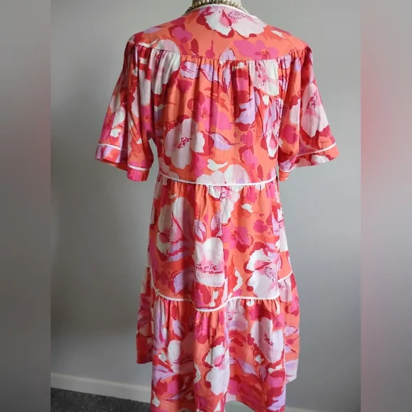 Vince Camuto Linen Blend Tropical Print Pink Orange Floral Easy Dress Size 4 - Picture 12 of 16